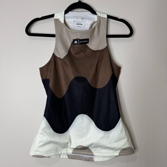 adidas x Merimekko Black Brown & White Abstract Racer Back Cutout Athletic Tank - Picture 1 of 9